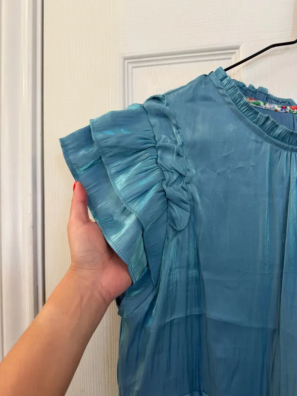 Umgee Blue Shimmer Ruffle Sleeve Tiered Dress - Image 6