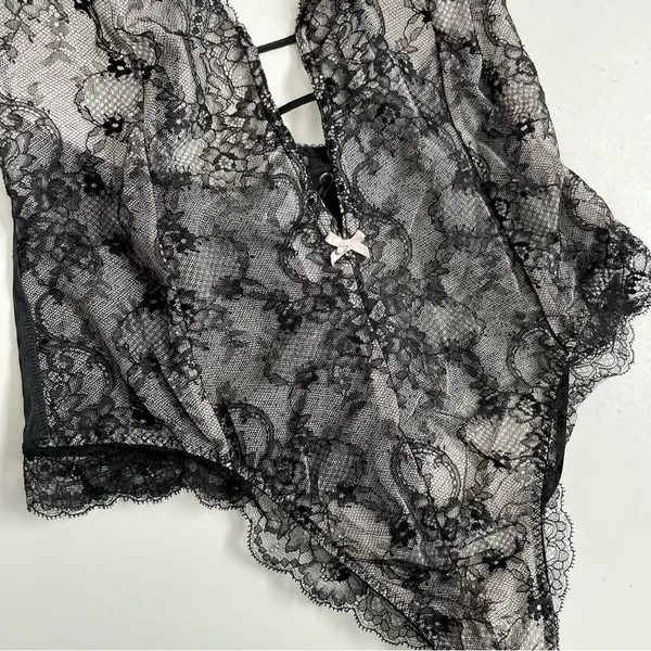 Victorias Secret Body Suit Nighty Thong Lace Plunge Neck Corset Lace Up Black - Image 5