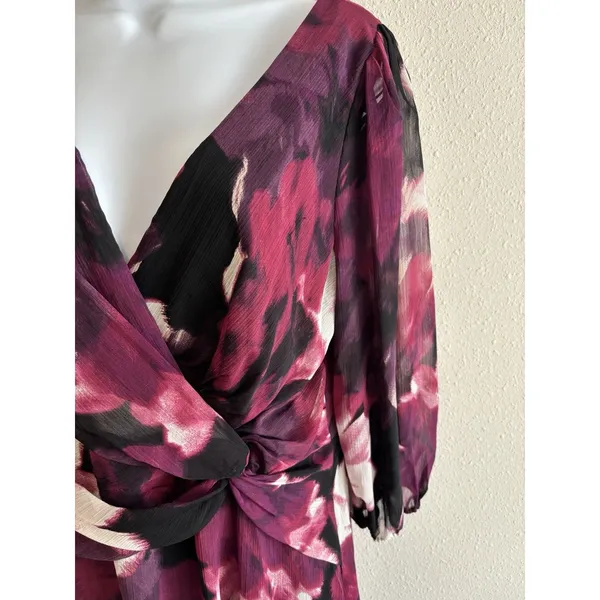 DKNY Size 8 Abstract Floral Balloon Sleeve Faux Wrap Dress - Magenta &‎ Plum - Image 5