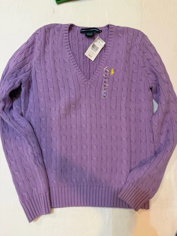 NWT Ralph Lauren Sport Lavender Cable Knit V-Neck Sweater XL Pony Logo - Image 2