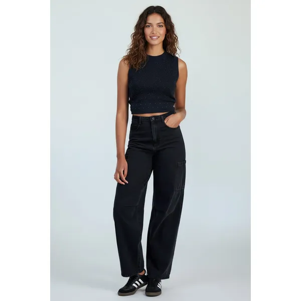 Tinseltown Juniors Cargo Jeans Size 0 Black High Rise Baggy Wide Leg Denim - Image 3