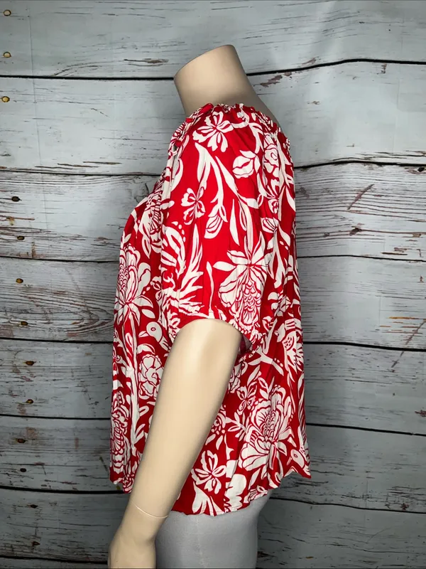 Knox Rose Size XXL Red & Off White Floral Print Off the Shoulder Blouse Top - Image 3