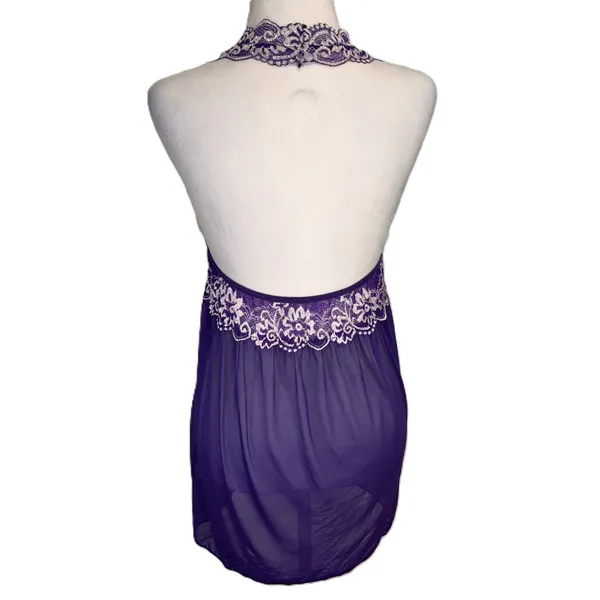 Babydoll Sheer Halter Slip Dress Women L Purple Floral Lace Festival‎ Romantic - Image 3