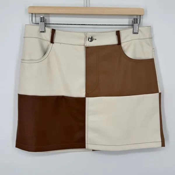 Forever 21 Faux Leather Patchwork on‎ Brown And Tan Mini Skirt L - Image 3