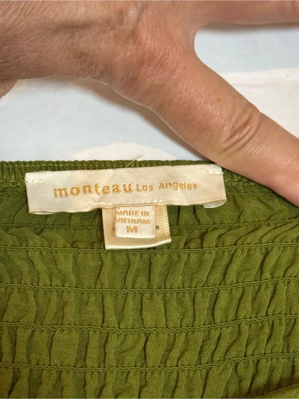 Monteau Los Angeles M Olive Green Puff Sleeve Midi Dress Cottagecore Boho Brunch - Image 9