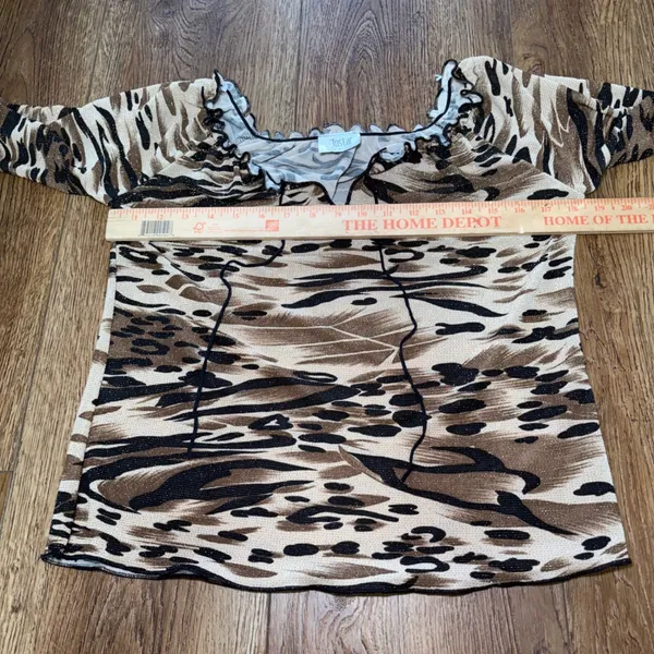 Y2K Jostar Brown Gold Animal Print Glitter V-Neck Bell‎ Sleeve Top USA Made M/L - Image 9