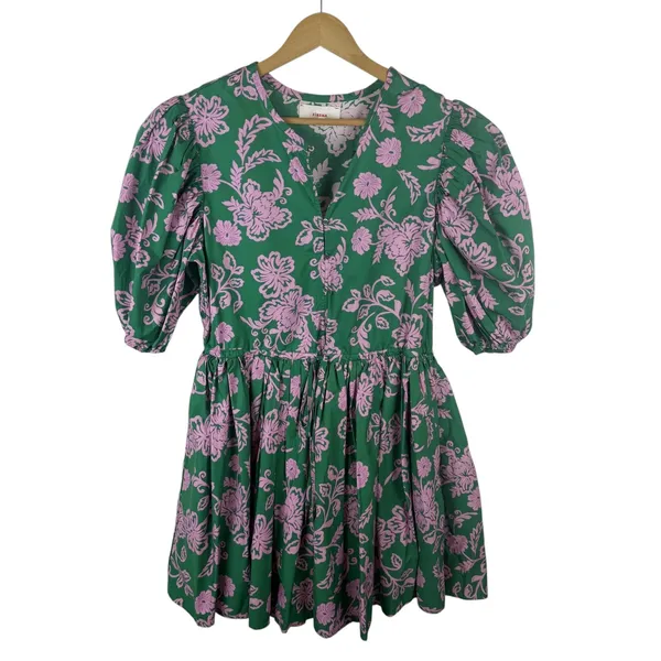 Xirena Aurie Mini Dress Large‎ Green Pink Floral Cotton Puff Sleeve Cottage Boho - Image 2
