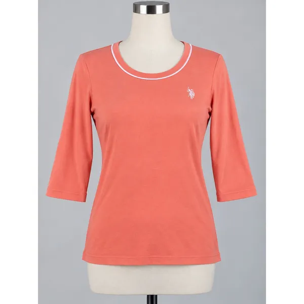 US Polo Assn Womens Coral Pink 3/4 Sleeve Cotton Scoop Neck Top Small Logo - Image 2