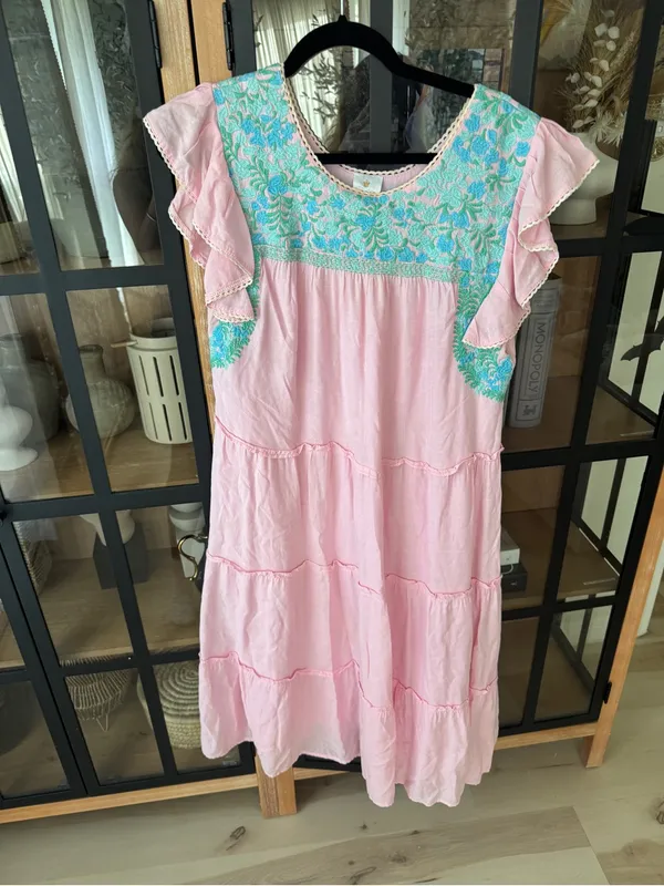 J. Marie embroidered midi dress floral oaxacan tiered ruffle linen pockets loose - Image 7