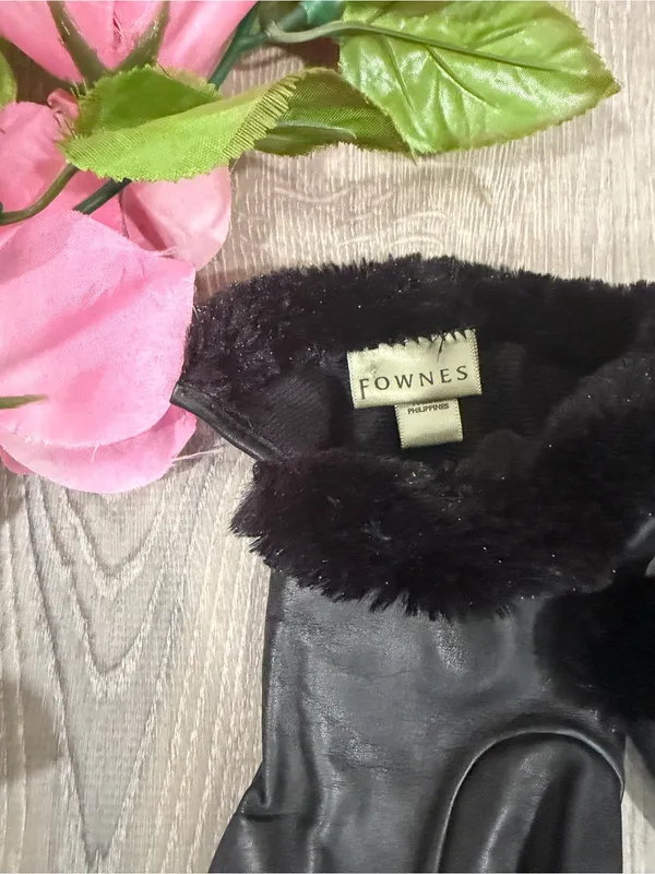 Fownes Vintage Black Leather Faux Fur Trim Long Gauntlet Gloves XL Quiet Luxury - Image 2