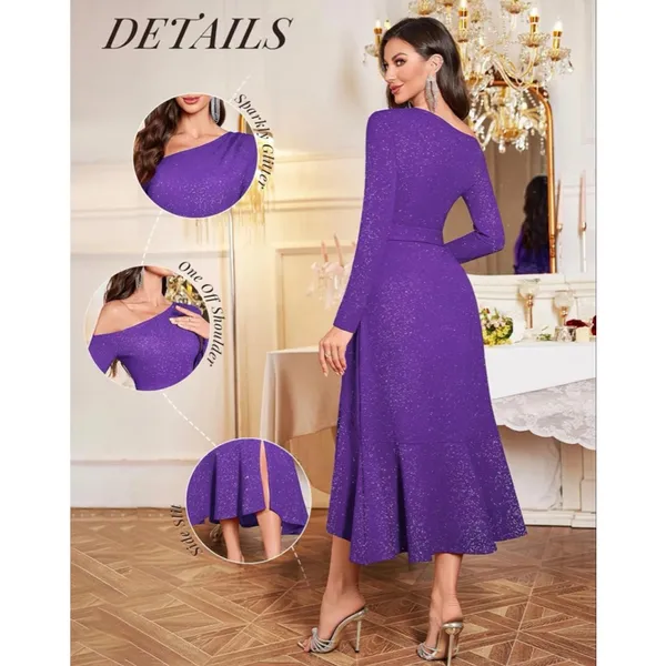NEW Formal Glitter Wedding Guest Cocktail Formal 1 Shoulder Long Sleeve Dress L - Image 5