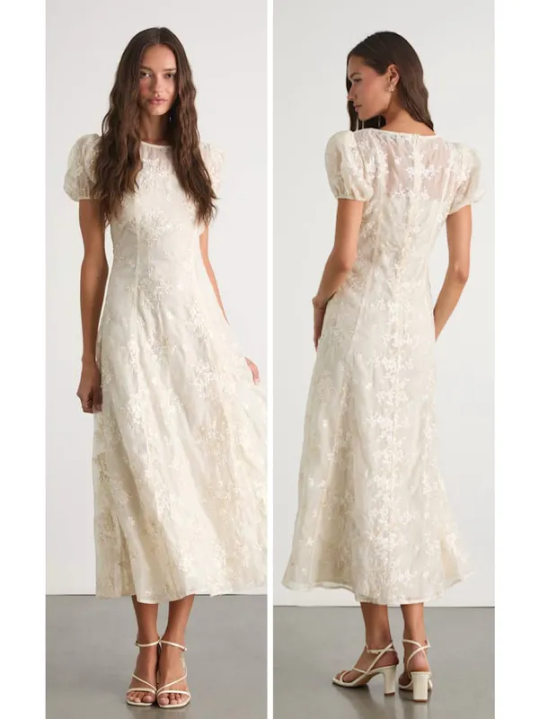 Lulus Elfrieda Cream Floral Embroidered Puff Sleeve Midi Dress Size Small Bridal - Image 2