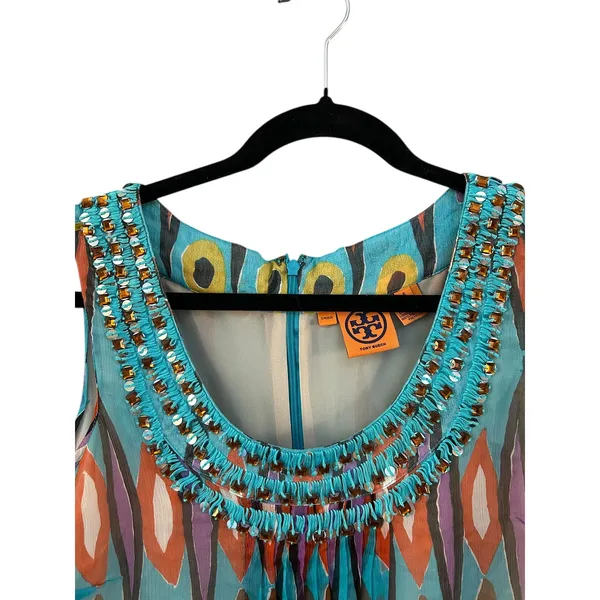Tory Burch Embellished‎ Beaded Silk Tribal Print Sleeveless Top Blouse Size 6 - Image 3
