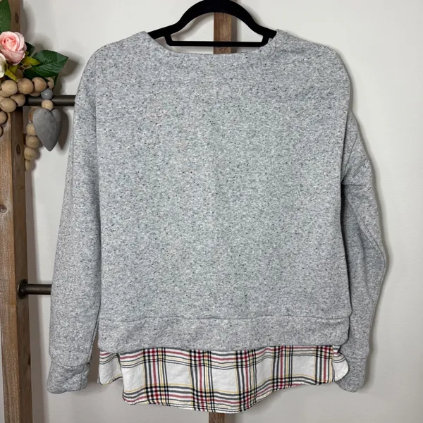Izod Womens Grey Speckled Sweatshirt Plaid Tie Front Layered Look Size Medium‎ - Image 5