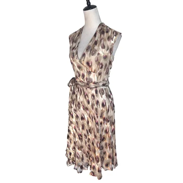Jones New York Collection Silk Blend Wrap Dress Abstract‎ Print Taupe Plum Sz 8 - Image 4