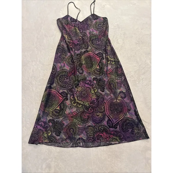 Natori Slip Dress Chemise Spaghetti Straps Purple Paisley Multicolor Midi Size L - Image 3