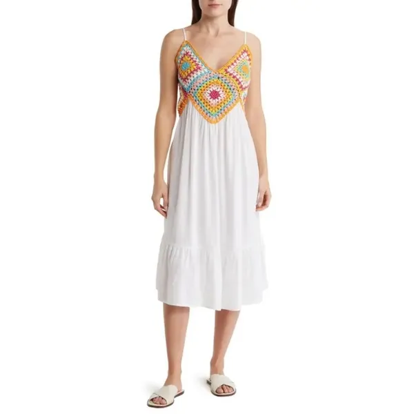 Raviya Crochet Bodice Top‎ Tiered Boho Midi Dress Cover Up White Multi Medium - Image 2