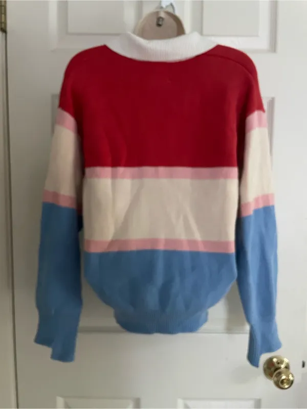 BDG Colorblock Collared Pullover Sweater in Red, Cream, Pink & Blue - Image 2