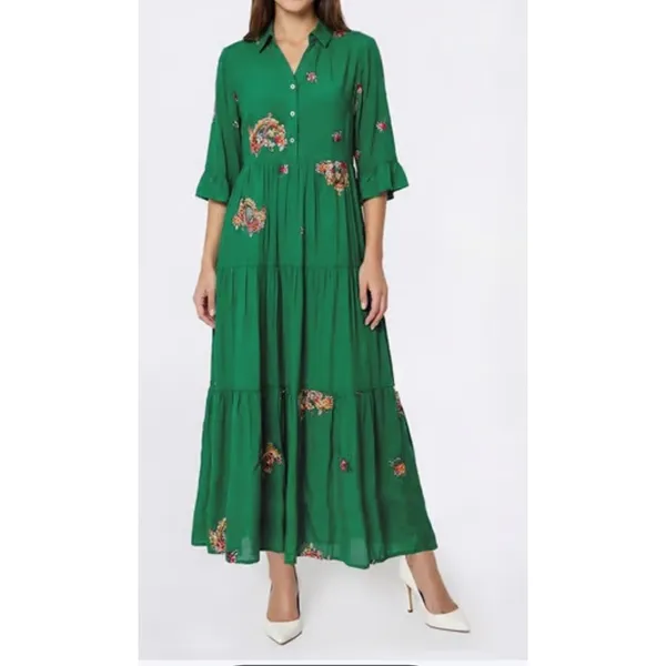 Figueroa & Flower Tiered Maxi Dress Green‎ Boho Peasant Floral Garden Party MED - Image 2