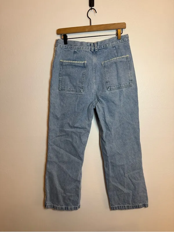 Zara‎ High Rise Tweed Trim Jewel Button Crop Wide Leg Light Wash Jeans - Image 7