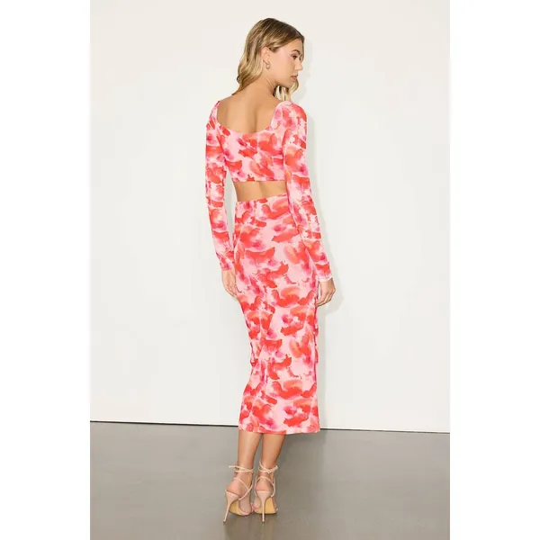 Lulus Dasia Pink and Red Abstract Print Mesh Cutout Midi Dress Large NWT - Image 3