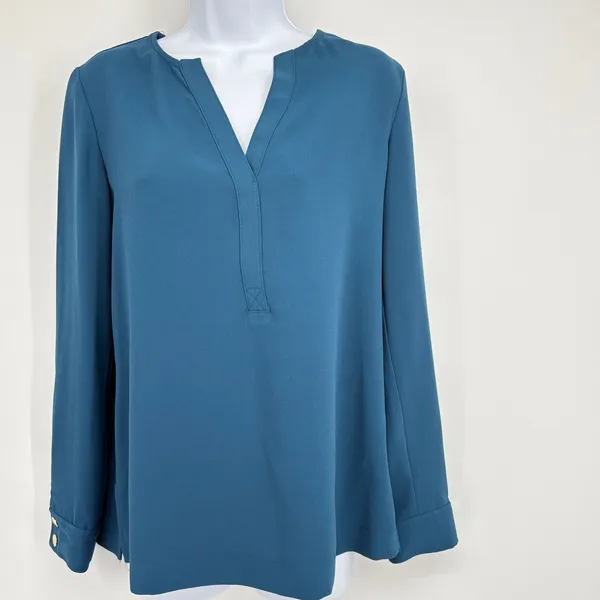 Trina Turk Blouse Women SM Teal Blue Split Neck Gold Button‎ Cuff Crepe Tunic - Image 3