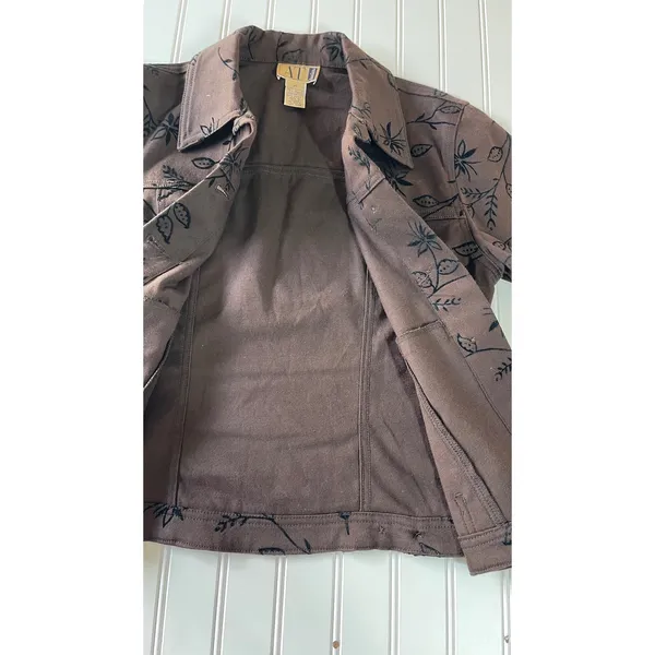 AT Vintage Denim Brown Floral Flocked Velvet Print Trucker Jacket Womens XS - Image 5