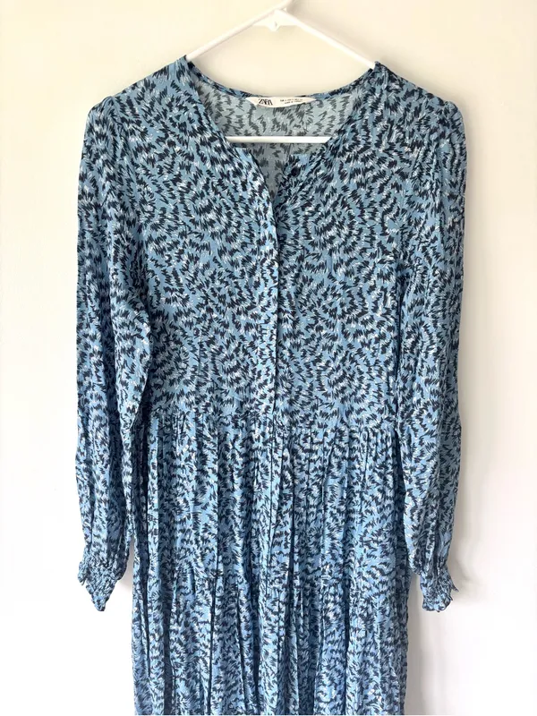 Zara The Angel Dress Blue Abstract Tiered Midi Dress Long Sleeves Flowy Boho - Image 4