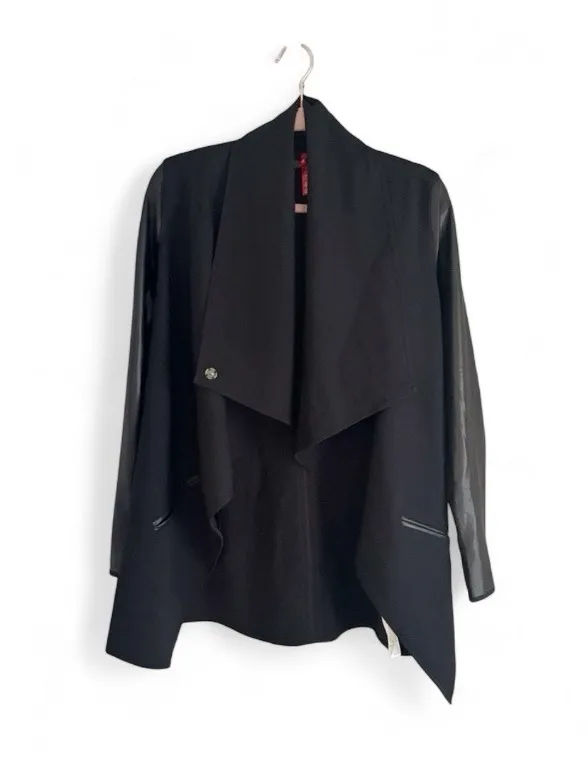 SPANX Point Drape-Front Black Faux Leather Trench Style Coat Blazer Size Small - Image 4