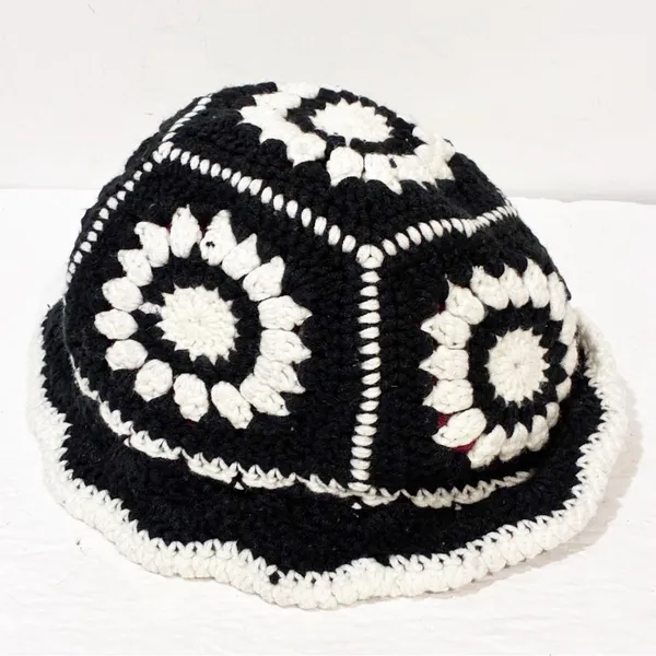Black White Crotchet Flower Boho Grandma Bucket Hat One Size‎ - Image 3
