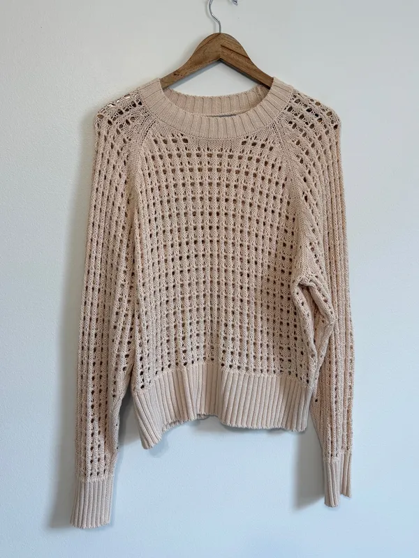 J. CREW Open Knit Sweater Large Tan Beige BZ498 Travel Coastal - Image 2