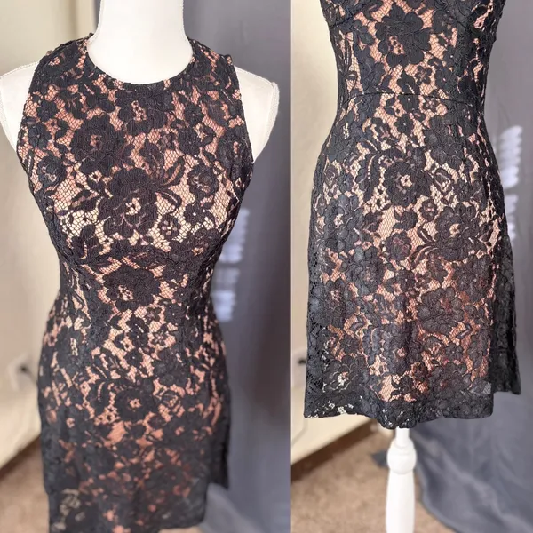 French Connection Floral Lace Sleeveless Mini Cocktail Dress Womens 4 Black Nude - Image 3