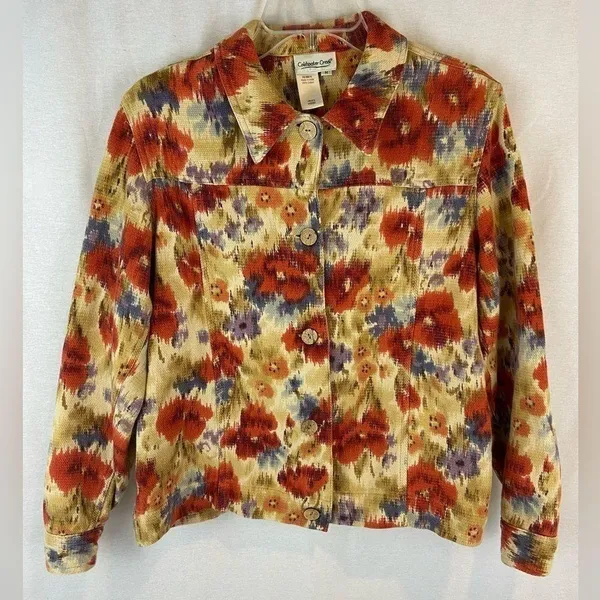 COLDWATER Creek Jewel Tone Floral Art to Wear 100% Cotton Jacket Medium - Image 8