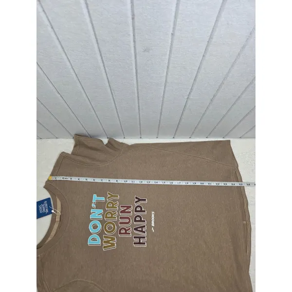 Brooks Distance Graphic Short Sleeve Shirt Heather‎ Oatmeal Run Happy. Size L - Image 6