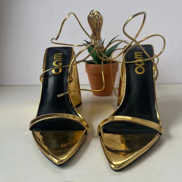EGO Gold Lace Up Chunky Heel Womens Shoes Sz 5 Y2K Club Glam Metallic Pointed - Image 4