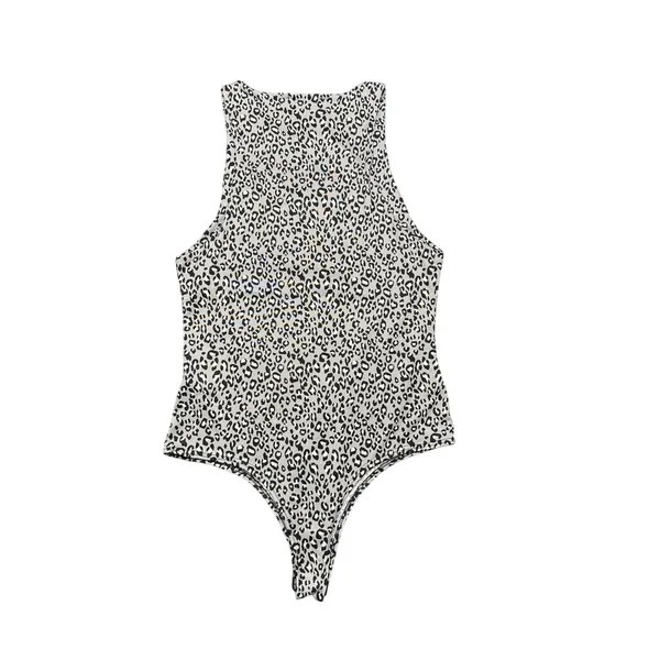 Leopard Print Bodysuit Large Sleeveless Stretch Snap Bottom Gray - Image 3