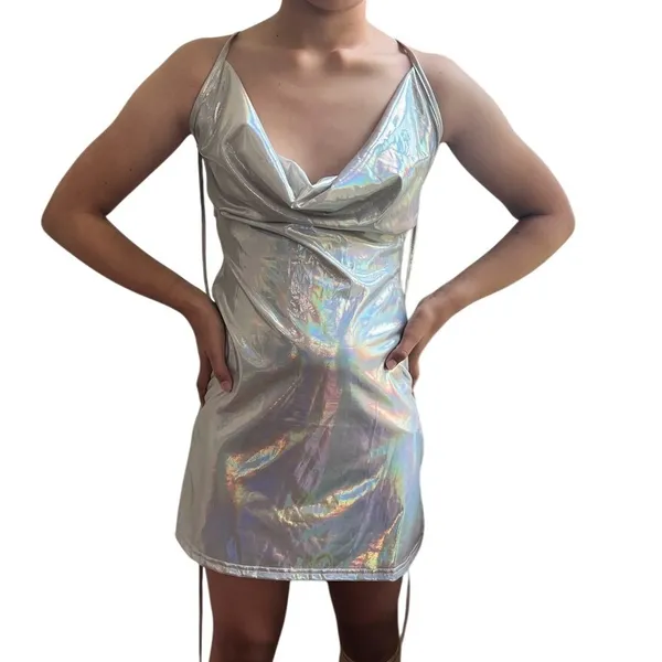 NWT Holographic Cowl Neck Mini Dress Silver Party Clubwear Size Small - Image 6