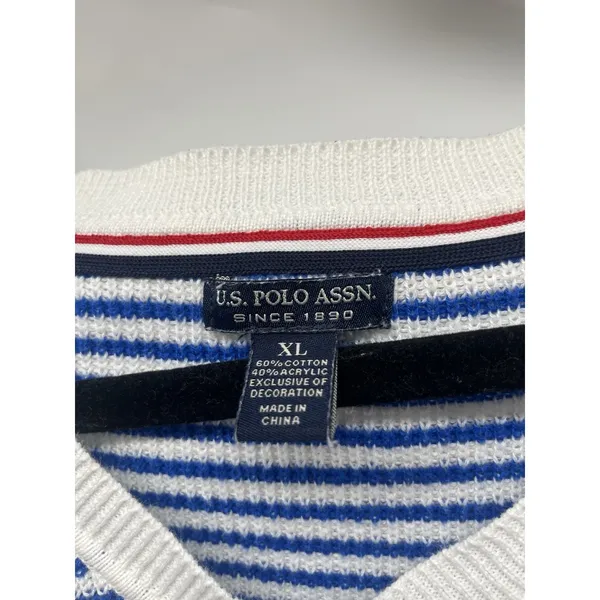 US‎ POLO ASSN WOMEN'S SWEATER NAUTICAL STRIPED V-NECK WHITE BLUE sz LARGE - Image 2