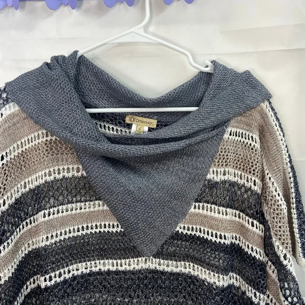 Democracy women's tan gray knit cowl neck tassel crocheted‎ sweater poncho large - Image 3