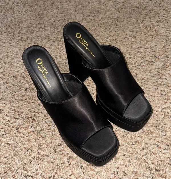 Chunky Platform Heel Mules Satin Black 9 - Image 3