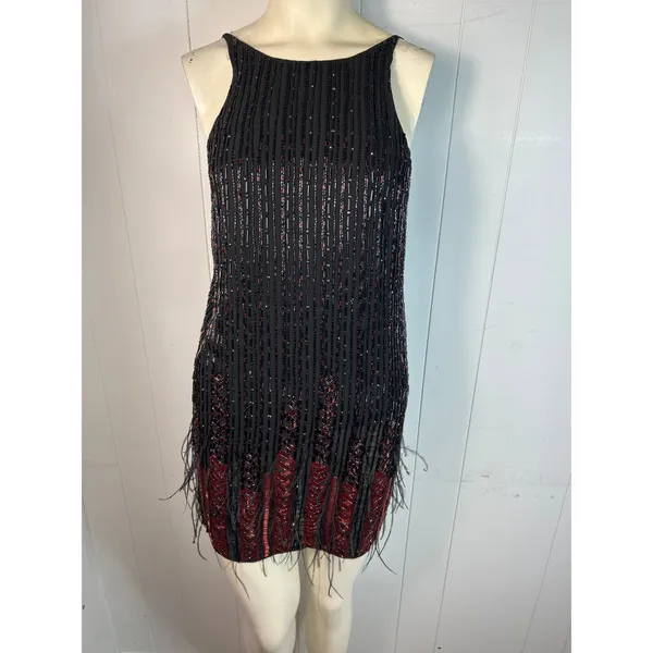 Parker Red/Black Monaco Beaded Feather Hem Flapper Mini Dress Size S - Image 4