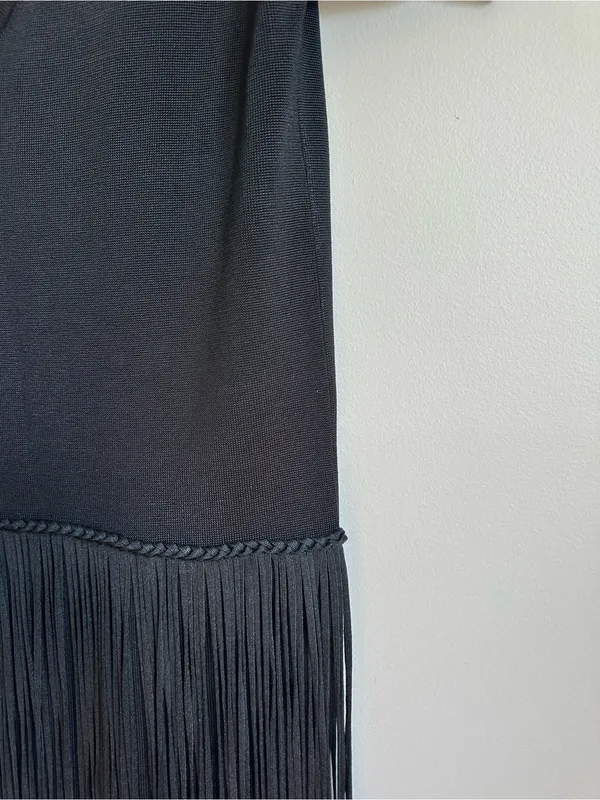French Connection Fringe Short Sleeve V Neck Dress Black Womens 2 Stretch - Image 2