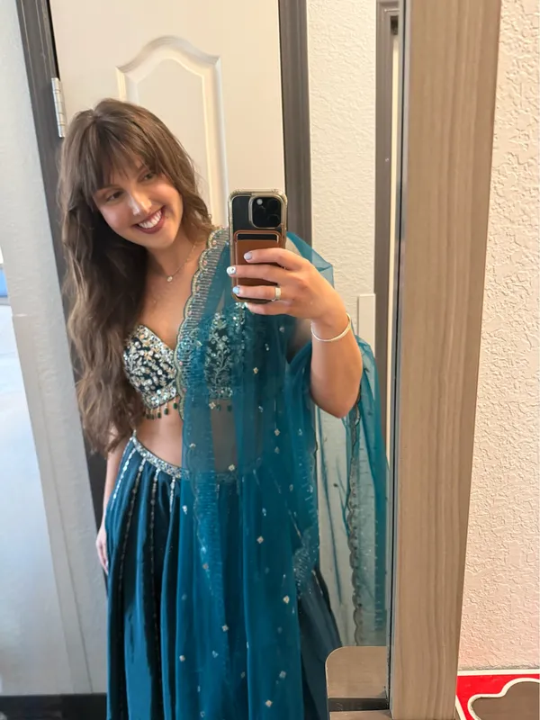 Teal Green Embroidered Lehenga Blue - Image 4