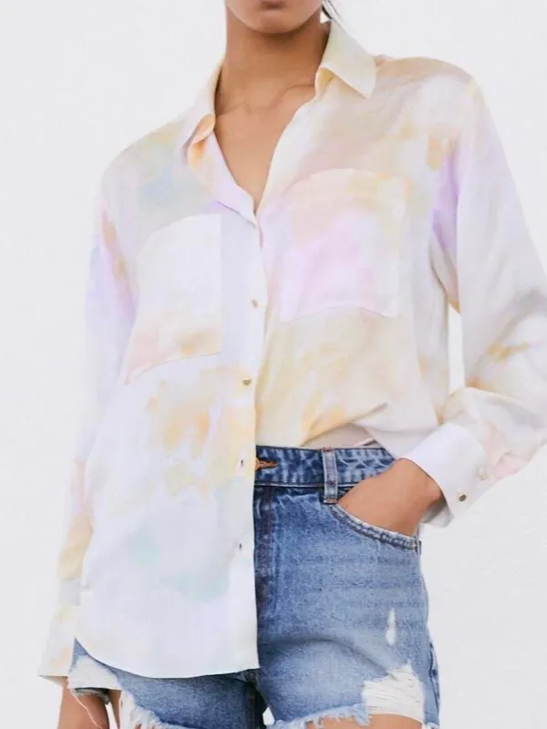 Zara Silky Pastel Watercolor-Print Button-Up Blouse Large - Image 3