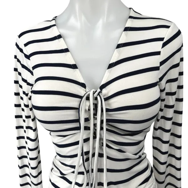REVOLVE Lovers + Friends White Black Striped Long Sleeve Romper Bodysuit Top M - Image 3