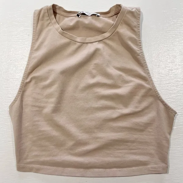 ZARA Cropped Tank Top Sleeveless Crewneck Crop Top Beige Size Small - Image 12