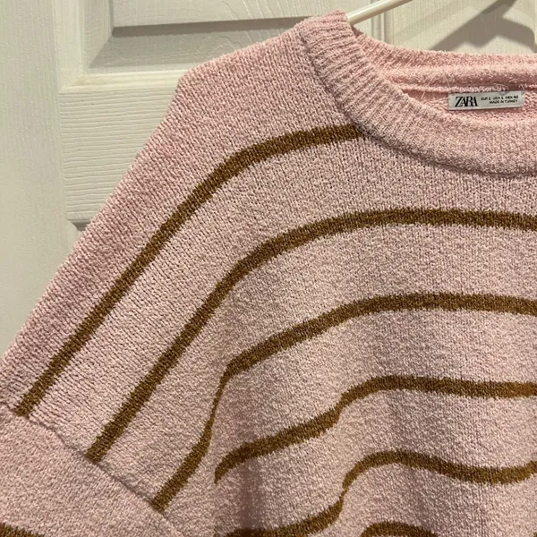 ZARA Women's Pink Brown Stripe Cozy Chenille Knit Sweater‎ Pullover Size Large - Image 2