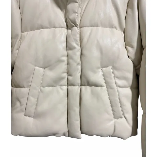 Abercrombie & Fitch Mini Puffer Vegan Leather Jacket Cream Women's Size‎ Small - Image 5