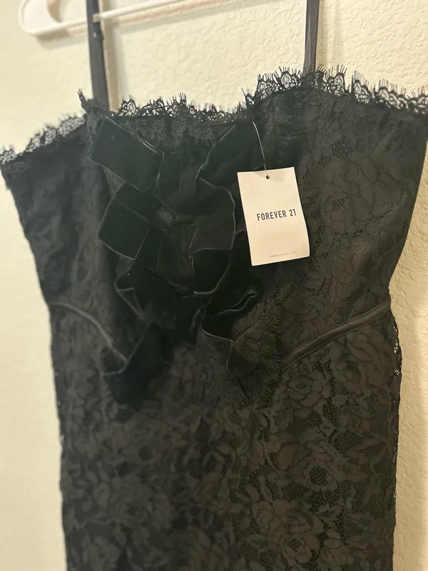 Forever 21 Eyelash Lace Bow Mini Dress Black Spaghetti Strap NWT Size XL - Image 5