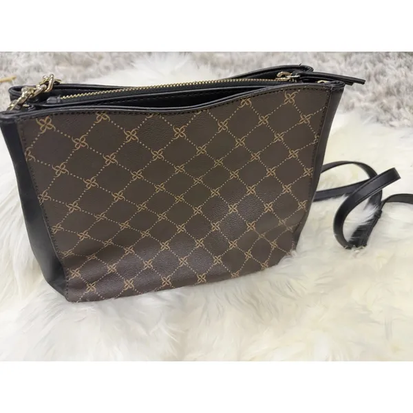 Nine West Brown Monogram Crossbody Shoulder Bag Purse Gold Chain Black Logo - Image 3